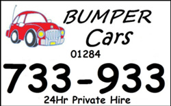 Bumper Cars logo with telephone (01284 733933) and the words 24 hour Private Hire